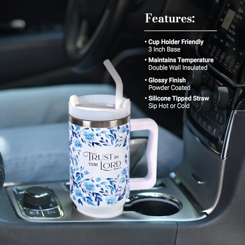 Image of Christian Art Gifts Extra Large Double Wall Stainless Steel Insulated Travel Tumbler for Women: Trust in the Lord Uplifting Scripture, Twist Dial Lid, Reusable Straw & Tip, White & Blue Floral, 40 oz