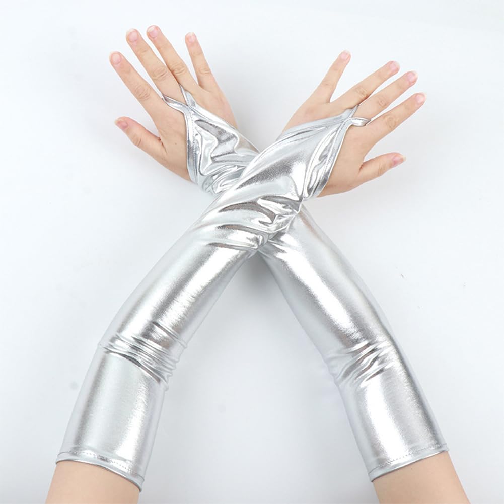 CALFOVERA 48.2cm Silver Shiny Metallic PU Leather Gloves for Women Long Finger Hand Opera Gloves Stretchy Faux Leather Rave Role Play Arm Warmer Elbow Length for Halloween Costume Party Cosplay