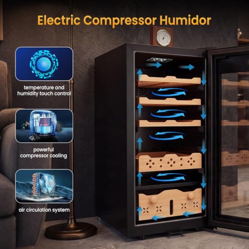 Image of 86L Electric Humidor, Stainless Steel Humidor Cabinet with Powerful Compressor Cooling, Dual Temp & Humidity Control,Touchscreen LED Display with Blue Light & Security Lock, Holds Up to 700 Pieces