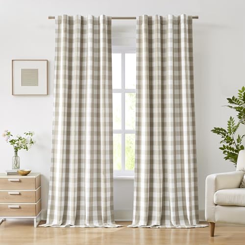 Bapawfish Beige White Buffalo Plaid Blackout Curtains 84 Inch for Bedroom