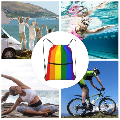 Image of LGBT Gay Pride Drawstring Backpack, Waterproof Rainbow Lesbian Gym Drawstring Bags, String Bag Sackpack for Beach Yoga Traveling Gifts, Men Women Cinch Sports Sack with Zippered Pocket