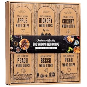 Large Wood Smoking Chips for Smoker – 6 Flavor Variety Pack of Natural Wood Chips – Apple, Hickory, Cherry, Peach, Beech, and Pear – Grilling Accessories for Smoker Grill, Charcoal and Gas Grill