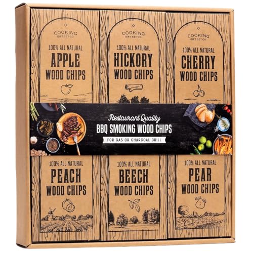 Large Wood Smoking Chips for Smoker - 6 Flavor Variety Pack of Natural Wood Chips - Apple, Hickory, Cherry, Peach, Beech, and Pear - Grilling Accessories for Smoker Grill, Charcoal and Gas Grill