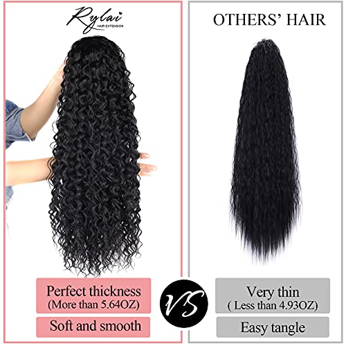 Black Ponytail-Extensions Curly-Drawstring Hair Extension Ponytail human hair Feeling Long 24Inch Wave Clip in Hair Extensions Ponytail Synthetic Hairpiece for Black Women (1#,5.64 OZ)…