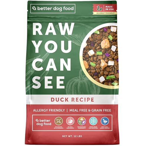 A Better Treat | Allergy Friendly Duck Dry Dog Food | Raw You Can See | No Chicken Duck Only Animal Protein No Meal Ingredients Grain Free | Stomach Soothing Kibble + Freeze Dried Raw Dog Food