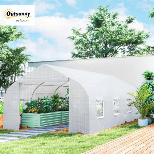 Image of Outsunny 20 x 10 x 7 ft Outdoor Walk-in Greenhouse Zippered Door White