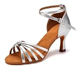 TINRYMX Latein Tanzschuhe Damen Satin Prom Salsa Standard Profi Tanzschuhe,801-Silber-7cm,38 EU