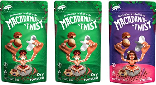 Macadamia Twist Premium Australian Macadamia Nuts In Shell With Metal Key To Open Shells, Combo 1Pc Vanilla + 2Pc Dry Roasted Flavored #TOP7