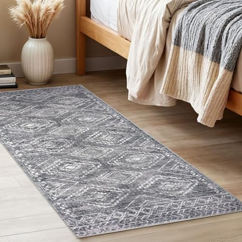 KILOCOCO Boho Kitchen Runner Rug 2x5 Washable Runner Rug Soft Runners for Hallways Non Slip Printed Distressed Laundry Room Rugs, Low-Pile Runners for Entryway Bedroom Living Room, Grey