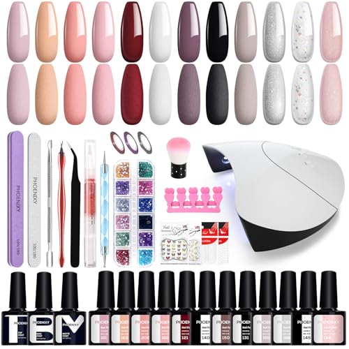 Kit Semipermanente Unghie Phoenixy 12 Colori Kit Unghie con 36W Lampada U V/LED Kit Unghie Gel Completo con Base Top e Matt Coat Set Semipermanente Unghie