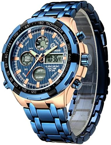 GOLDEN HOUR Luxury Stainless Steel Analog Digital Watches for Men Male Outdoor Sport Waterproof Big Heavy Wristwatch