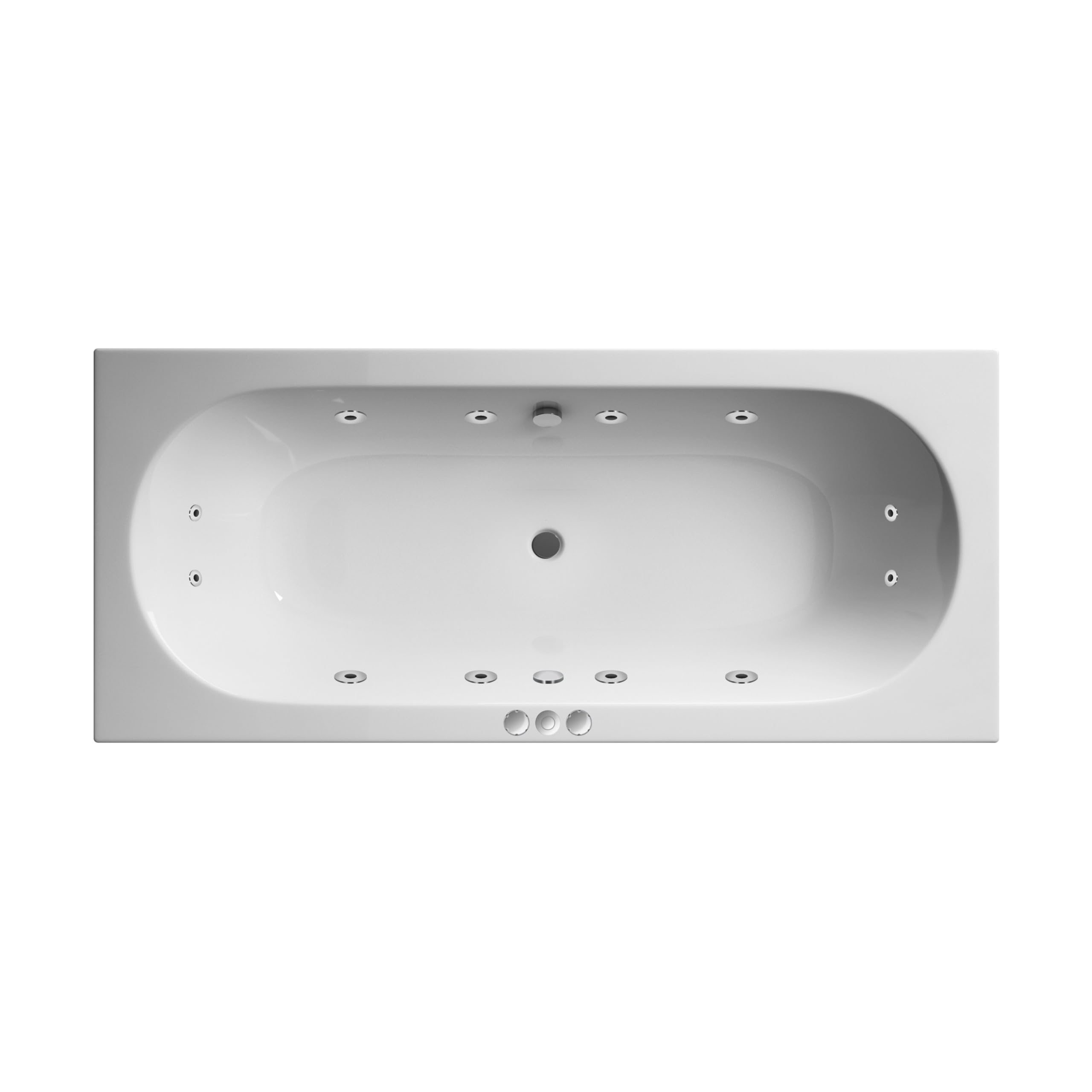 Balterley 1800 x 800mm Round Whirlpool Shower Bath with 12 Chrome Jets, Straight Double Ended Gloss White Soaking Shower Bath, Acrylic Baths for Bathrooms, Round End, Leg Set & Overflow (White)