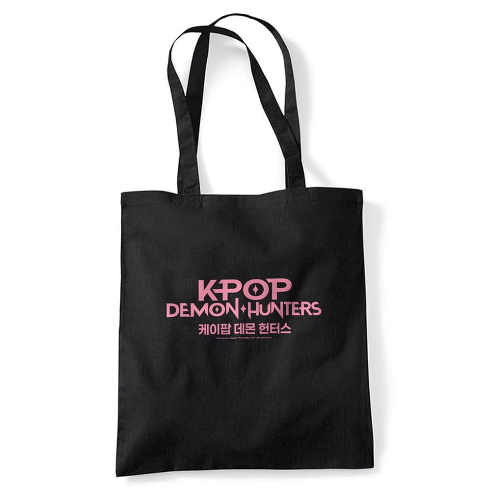Kpop Demon Hunters Pink Logo Grocery Travel Reusable Tote Bag, Black, 38X42Cm