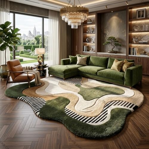 Image of Carpet for Living Room Irregular Abstract Shag Area Rug, Super Soft Fluffy Modern Designer Floor Rug. 3 x 5 Feet (91.44 x 152.40 cm) Green Multi