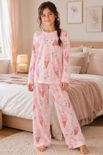 Image of TotzTouch Girls Printed Pyjama Set | Full Sleeve Top with Wide Leg Pyjama Pants | Stylish Cotton Co-Ord Nightwear Set for Kids