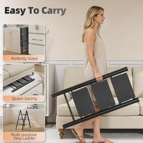 KINGRACK 3 Step Folding Ladder, Lightweight Portable Home Ladder with Non-Slip Wide Pedals and Safety Lock, Sturdy Step Ladder for Adults Painting, Home, Kitchen, Garage, Black by KINGRACK - Used condition - Image 6