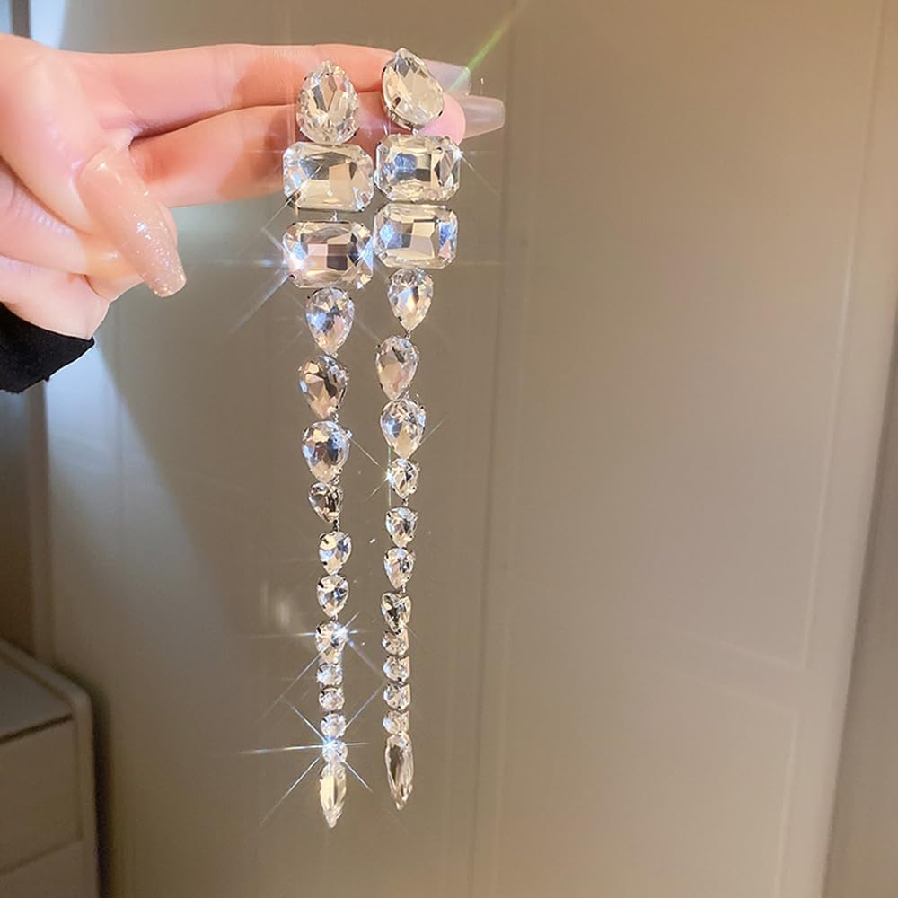 Xerling Extra Long Rhinestone Tassel Chandelier Earrings Silver Fringe Earrings Oversized Dangle Drop Earrings Statement Costume Earrings Jewelry for Women - Image 4