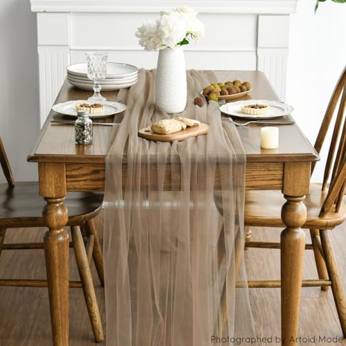 Artoid Mode 3PCS Coffee Gauze Table Runner 120 Inch 10FT, Seasonal Sheer Kitchen Dining Holiday Wedding Birthday Baby Shower Table Decor for Home Party by Artoid Mode - Used condition - Image 3