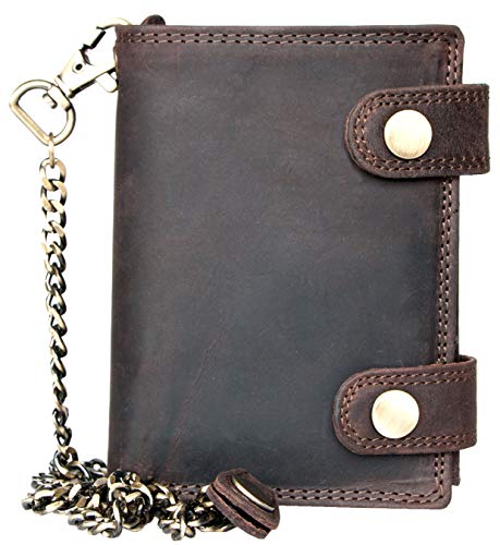FLW Brown RFID Genuine Leather Wallet with Two Buckles and Metal Chain