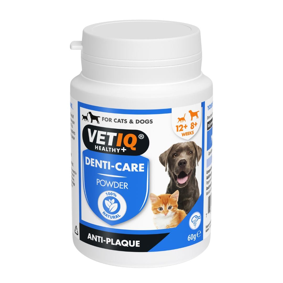 VETIQ Denti-Care Dental Powder for Dogs & Cats – Natural Plaque & Tartar Control, Fresh Breath Support with Seaweed, Peppermint & Pomegranate – Daily Oral Care Food Topper 1x60g