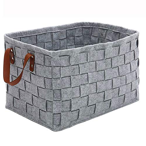 Pudełko do przechowywania ze skórzanymi uchwytami, ręcznie robiony filcowy dekoracyjny kosz organizer do szafy i półki na książki, składany 41 x 30 x 29 cm