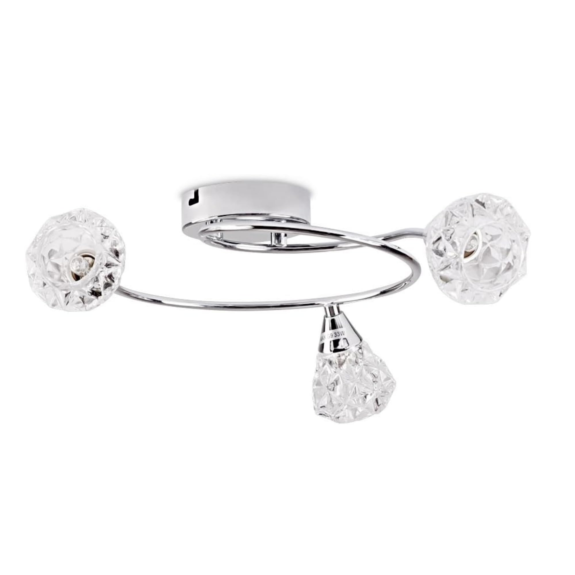 MiniSun | Modern 3 Way Polished Chrome Swirl Arm Ceiling Light with Clear Diamond Jewel Shades | Pendant Lights, Home Décor & Improvement Essential | Mains Wired