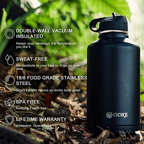 Cicike Stainless Steel Water Bottle 64 Oz With 2 Lid (Spout Lid+Straw Lid), Half Gallon Water Jug, Keep Water Cold For 48 Hours And Hot For 24, Stainless Steel Growler, Large Water Bottle With Straw #TOP4