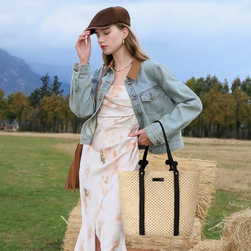 Image of Straw Bags For Women, Crochet Beach Bag Large Woven Shoulder Purse Handbag, Beach Tote Straw Bag for Summer Vacation