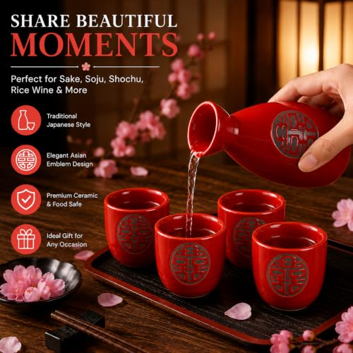 Image of Japanese Ceramic Sake Set - 5 Piece Crimson Red Design Porcelain Sake Set with 1 Sake Bottle (Tokkuri) & 4 Sake Cups | Japanese Wine Set for Drinks, Shochu & Home Bar | House Warming | Gift Set
