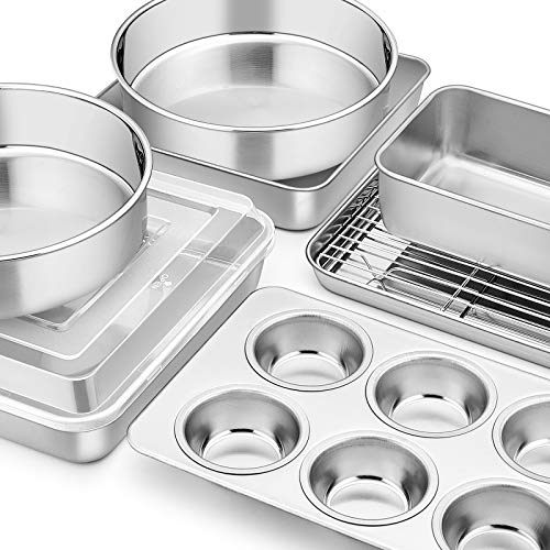 Stainless Steel Bakeware Set, E-Far Metal Baking Pan Set Of 9, Include Round/Square Cake Pans, Rectangle Baking Pan With Lid, Loaf Pan, Muffin Pan, Cookie Sheet With Rack, Dishwasher Safe #TOP7