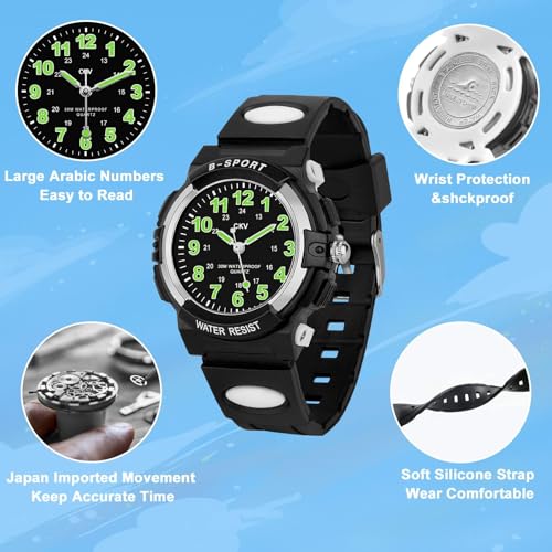 ckv kids watch for boys girls ages 5-12 waterproof time teacher easy to read analog sport outdoor children watches with soft band for kids