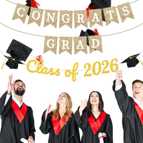 Image of 2026 Graduation Banner,Congrats Grad and Class of 2026 Cap Banner Set White Gold Black Glitter Grad Decorations for Senior 2026 Party, Graduation Sign Party Backdrop Supplies