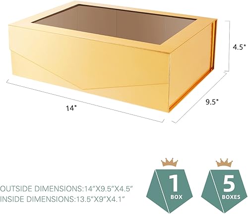 Miniatura 6 de PACKQUEEN 5 cajas grandes de regalo de oro para Navidad con ventanas, 13.5x9x4.1 pulgadas, cajas de regalo transparentes para regalos con cintas,