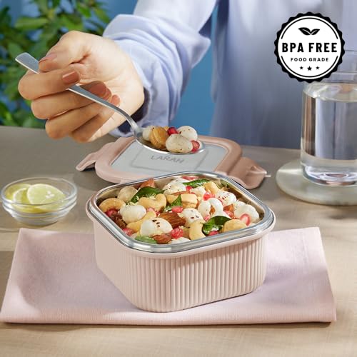 Image of Larah by BOROSIL Freshbyte Food Storage Container with Airtight Stainless Steel Lid | Fridge Container for Lunchbox | Food Grade | Microwave Safe (Beige, 250 ml, Square)