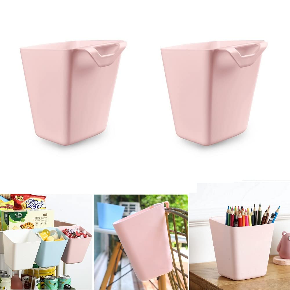 2 Pcs Small White Hanging Cup Holder,Trolley Basket Storage Wall Organizer,Plant Containers,Storage Bucket,Artificial Planters/Plant Pot or Make Up Pencil Holder for Home Decor Office,Kitchen (2 Pink)