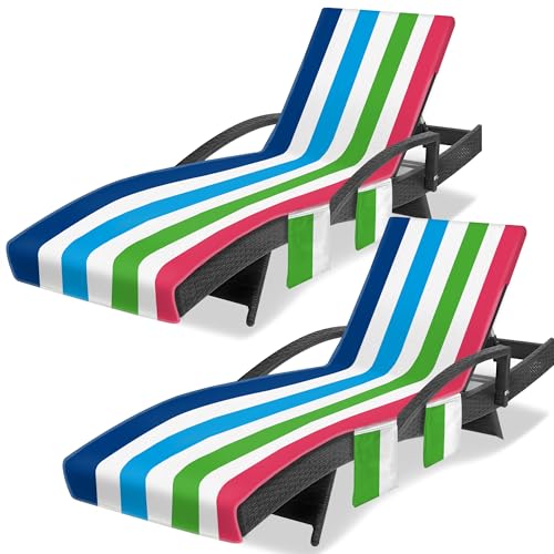 Ruikyhom Lounge Chair Towel Cover, Chaise Lounge Cover (Pack of 2), Beach Chair Covers with 3 Pockets for Pool Sunbathing Beach Garden Courtyard Outdoor Trips, 85 x30 in, Striped Colorful Blue Red