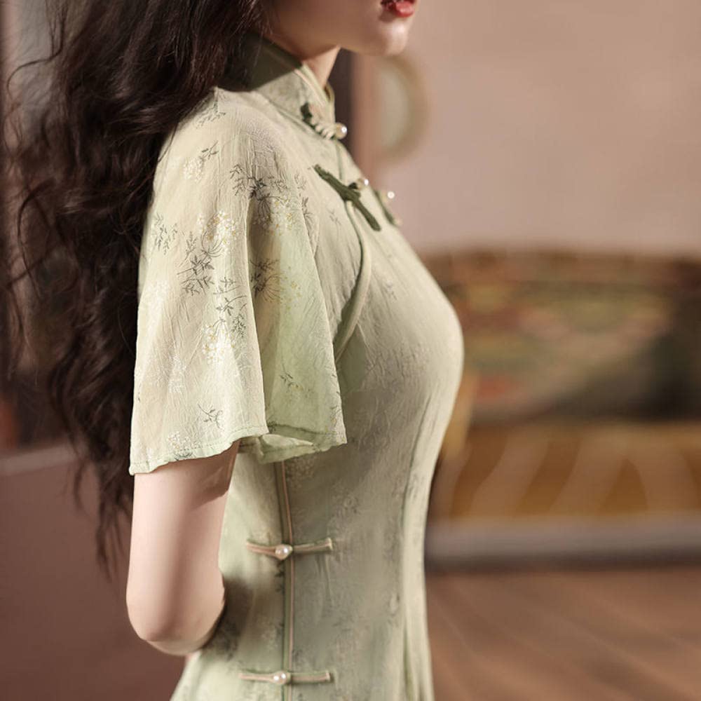 Cheongsam pour Femmes,Imiter La Robe Cheongsam en Satin Rétro Décontracté Manches Courtes Lâche Robe Midi Mince Fleur Verte Robe De Cocktail Qipao Jacquard Robe De Soirée Moulante pour Les Femm
