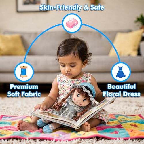 Image of Apollo Toys Soft Cloth Doll for Kids | Cute Braided Girl Plush Toy with Hat | Premium Cotton Stuffed Soft Toy for Girls | Birthday Gift for Kids | Safe & Washable Doll (Blue Dress, 50 cm) (Blue)