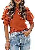 SimpleFun Womens Tops Short Sleeve T Shirt Basic Solid Colors Dressy Casual Puffy Blouses (Burnt Orange,S)