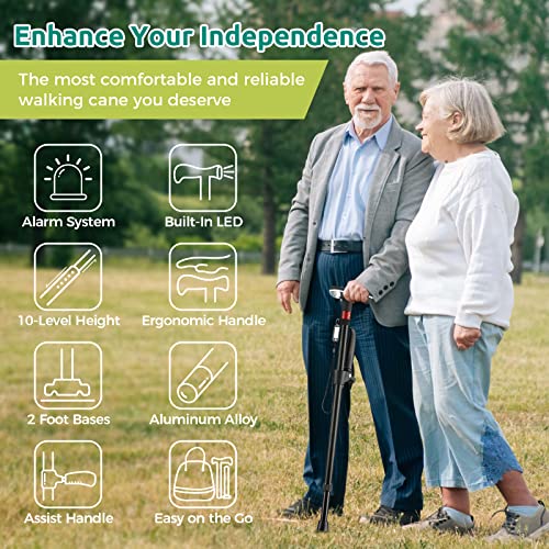 Hybodies Walking Canes For Seniors, Sound And Light Alarm, 10-Level Adjustable Height, 2 Foot Bases. Lightweight Sturdy Walking Crutches Walking Stick For Women Men Adults #TOP1