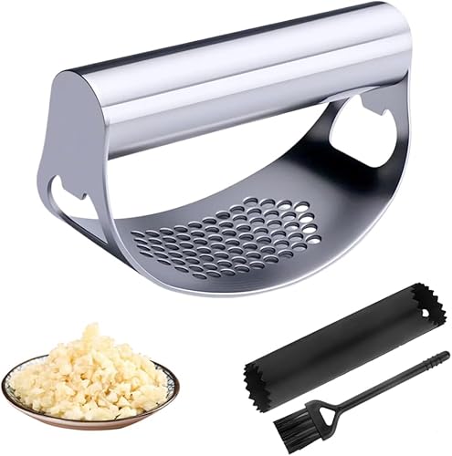 Prensa de ajo de acero inoxidable Rocke, nueva picadora de ajo y trituradora de ajo, trituradora de ajo manual fácil de apretar con pelador y