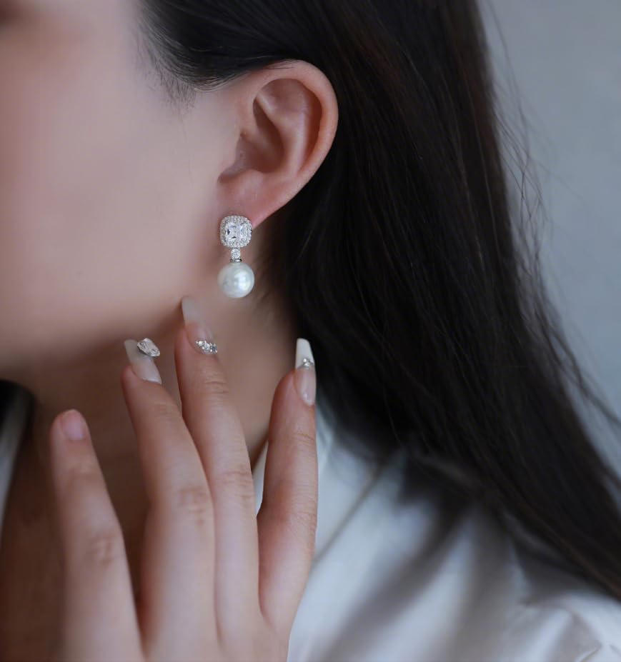 Pearl Drop Earrings With Cubic Zirconia 925 Sterling Silver Post Square Halo Bridal Wedding Earrings Hypoallergenic for Women - Image 4