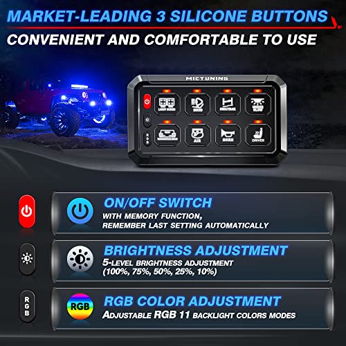 Mictuning P1S Rgb 5.5 Inch 8 Gang Switch Panel 3 Silicon Button, 5-Level Brightness Multifunction Toggle Switch Momentary Circuit Control Relay System Box For Truck Suv Offroad Marine, 2-Year Warranty #TOP1
