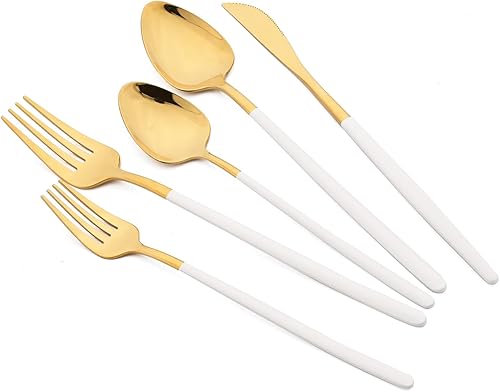 JASHII Juego de cubiertos delgados de 20 piezas, acero inoxidable 1810 con chapado en oro de titanio, juego de cubiertos de mango blanco, incluye