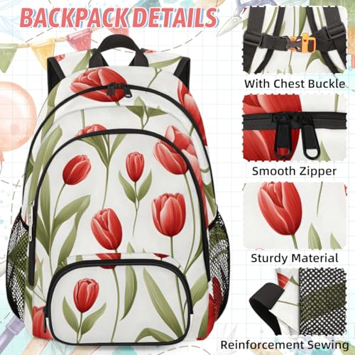 TropicalLife Red Tulips Backpack with Lunch Box Set, Back Pack and Lunch Bag Red Tulips Waterproof Casual Daypack Bag for Work Travel2