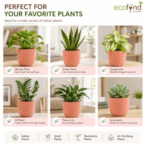 Image of ecofynd 5 Inch Ceramic Plant Pots with Drainage Hole, Modern Decorative Clay Flower Pots for Indoor Plants, Home Garden Decor for Living Room, Bedroom & Interior Spaces (Pack of 2, CPOT041-PNK)