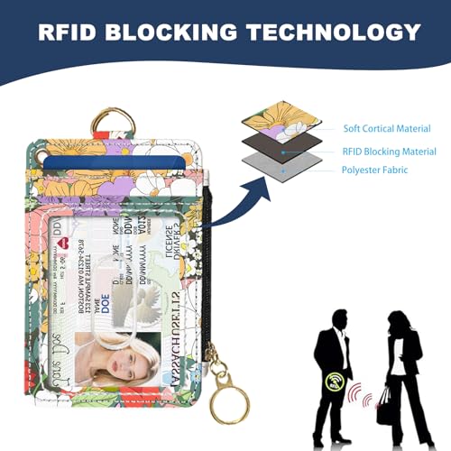 Image of Slim Wallet Credit Card Holder, Flower Bushes And Cats, RFID Wallet Women Cute Small Front Pocket Wallet With Zipper, PU Leather Thin travel RFID Blocking Card Case ID Window ,Ladies Gifts