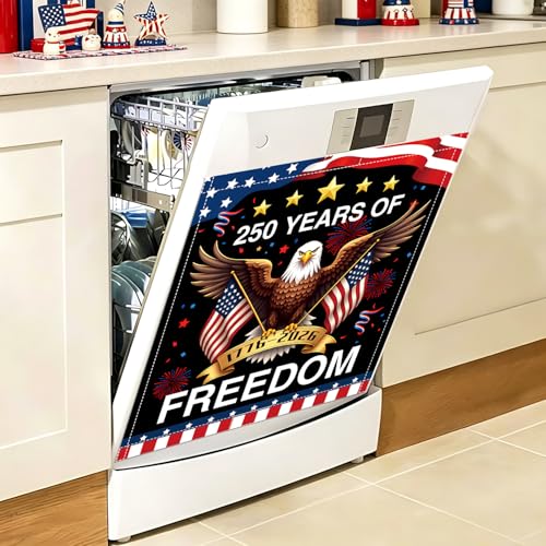 Image of 4th of July Patriotic Dishwasher Magnet Cover, 250 Years Anniversary Dishwasher Magnet Covers American Flag USA Dishwasher Sticker Summer Dish Washer Magnets Kitchen Refrigerator Fridge Panel Decal