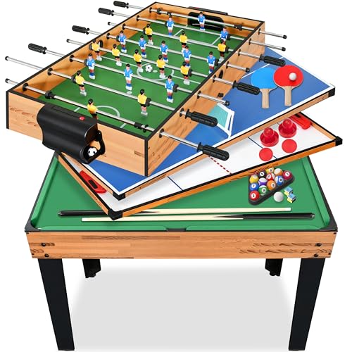SereneLife Multi Game Table, 48” Sports Arcade Games with Accessories, Ping Pong, Hockey, Pool Billiards, Soccer Foosball All in One, for Indoor and Outdoor, Family, Kids and Adults