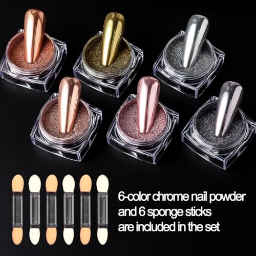 6 Colors Chrome Nail Powder Kit, Rose Gold Bronze Black Chrome Powder for Nails, Magic Mirror Effect Pigment Metallic Rubbing Dust Fine Glitter Powders for Gel Polish Nail Art Decoration
